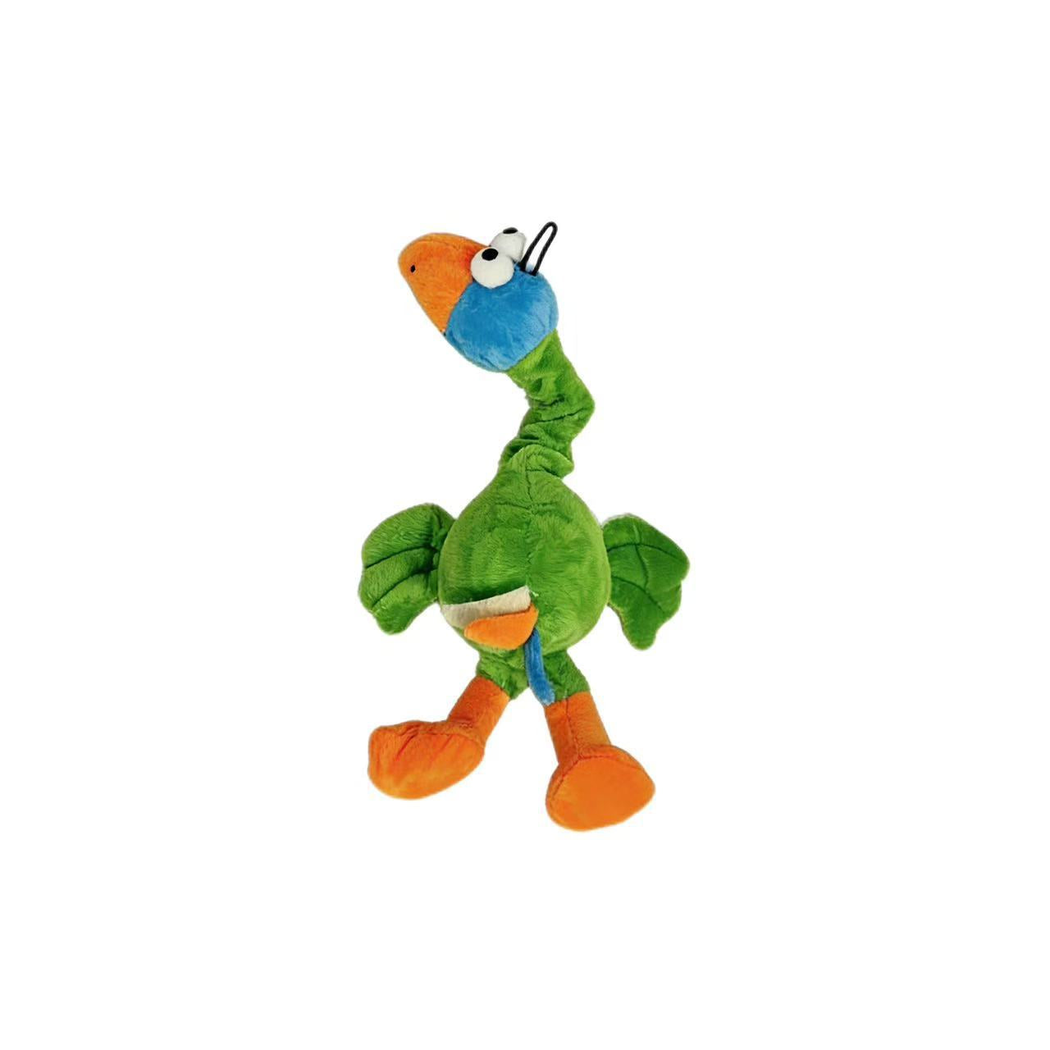 Green bird-shaped plush dog toy, front view
