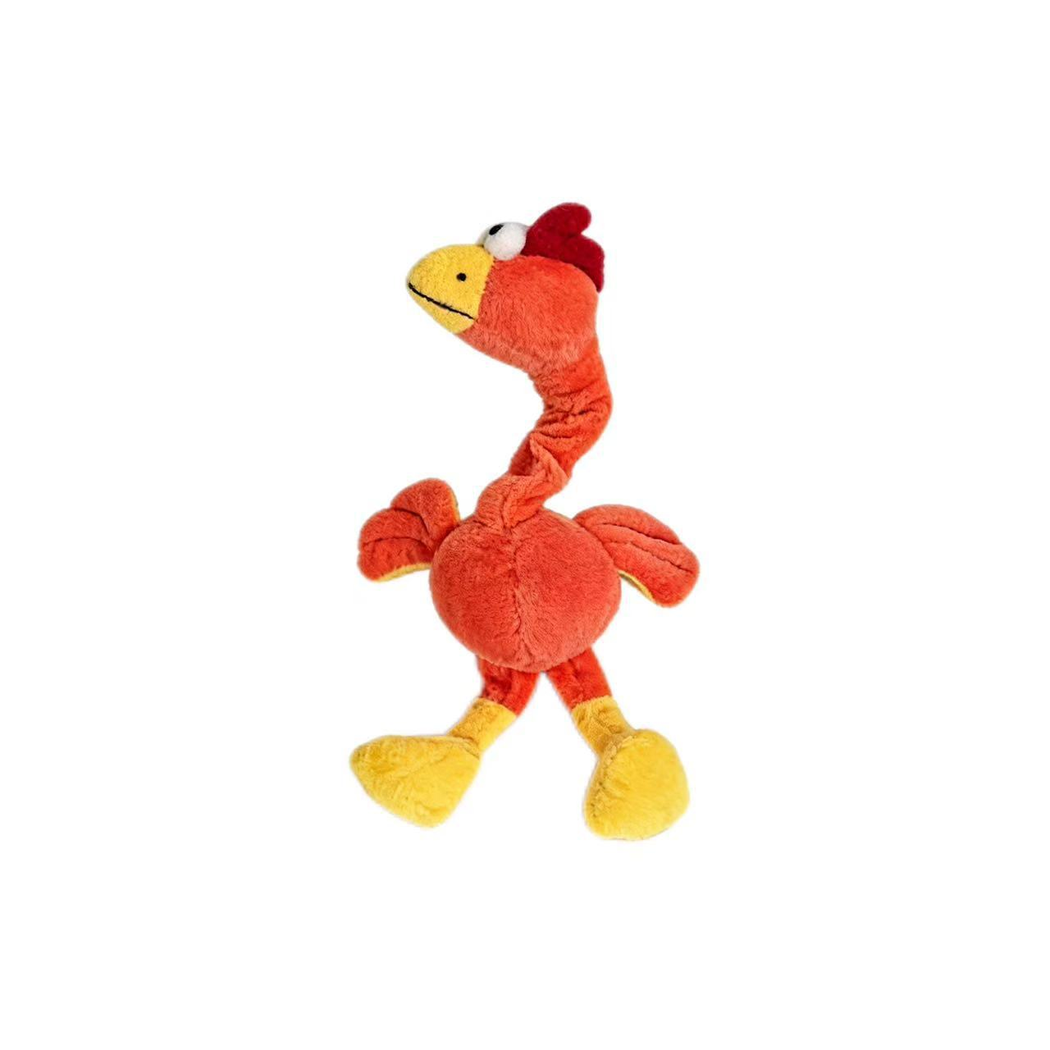 Orange bird-shaped plush dog toy, front view