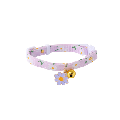 Light purple daisy-print cat collar with purple flower charm and gold-tone bell