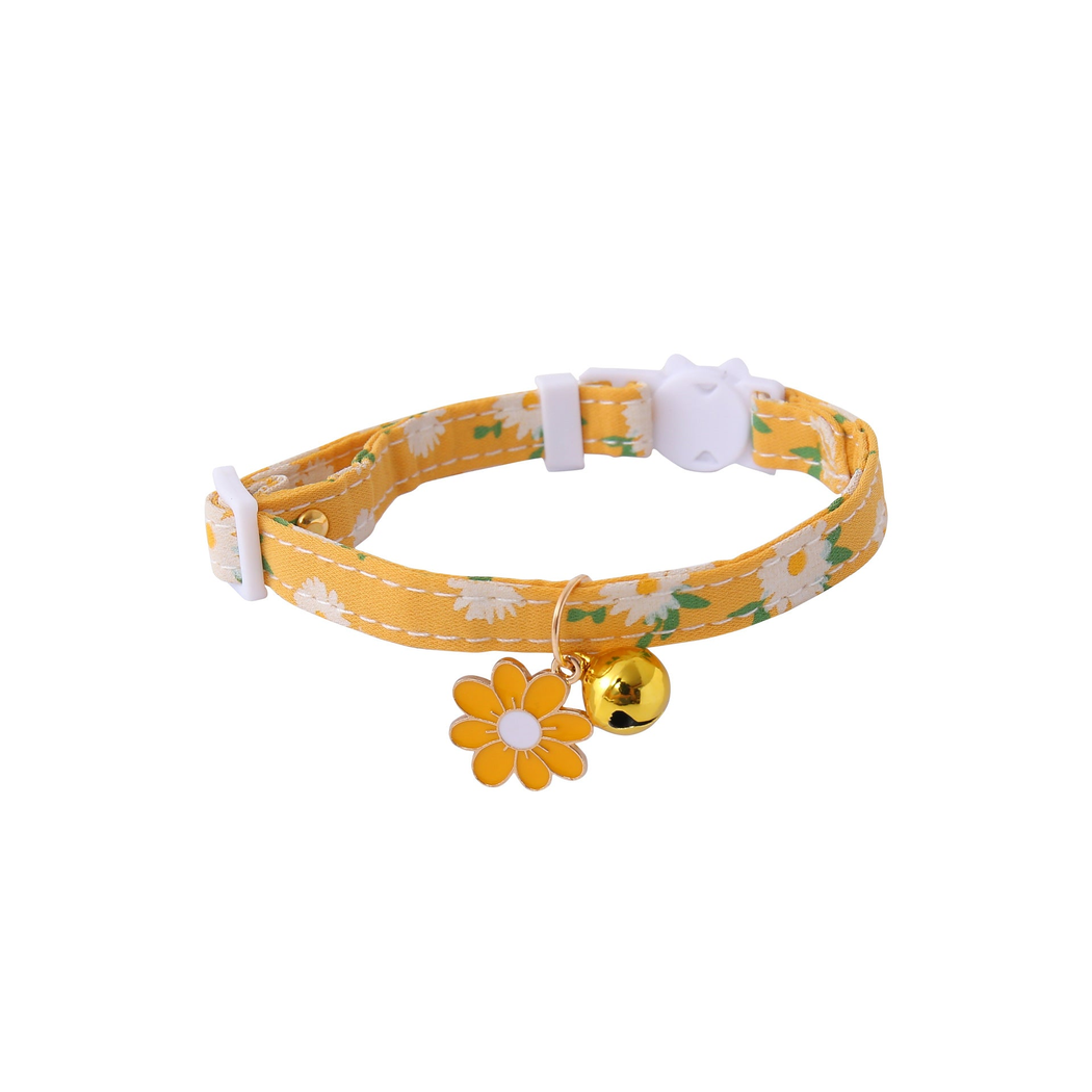 Mustard yellow daisy-print cat collar with yellow flower charm and gold-tone bell
