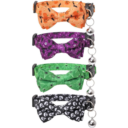 Four patterned cat collars with bow ties and silver-tone bells