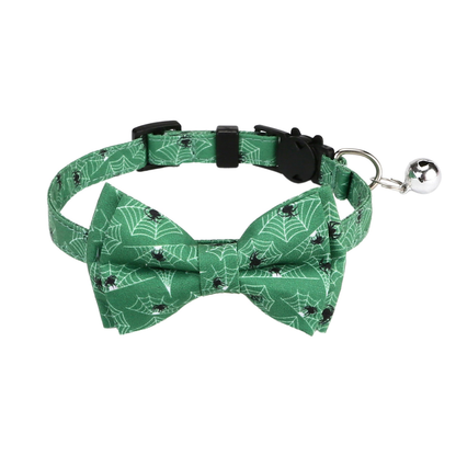 Green Bow cat collar with spiderweb and spider print and silver-tone bell