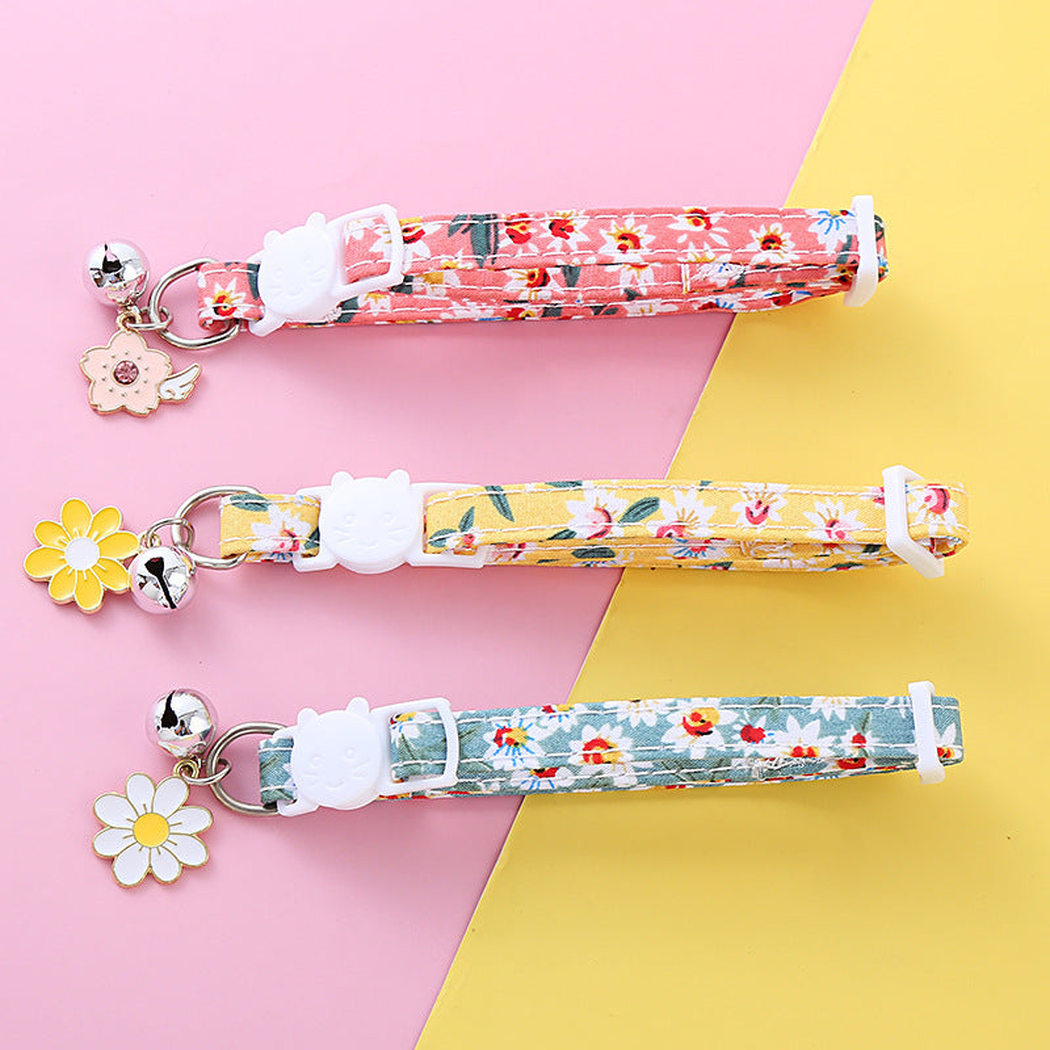 Pink, Mustard Yellow, and Gray Blue floral cat collars displayed together