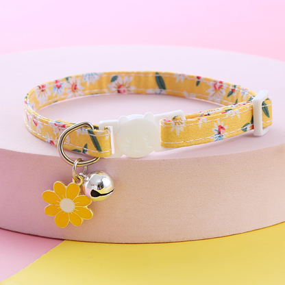 Mustard Yellow floral cat collar with cat-face buckle, bell, and flower charm
