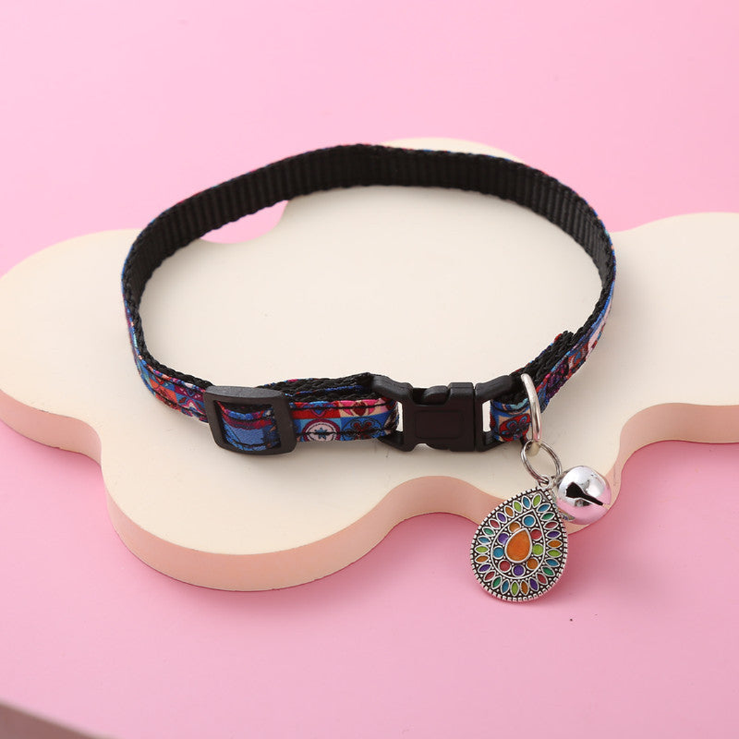 Teardrop style multicolor cat collar with bell and hanging medallion