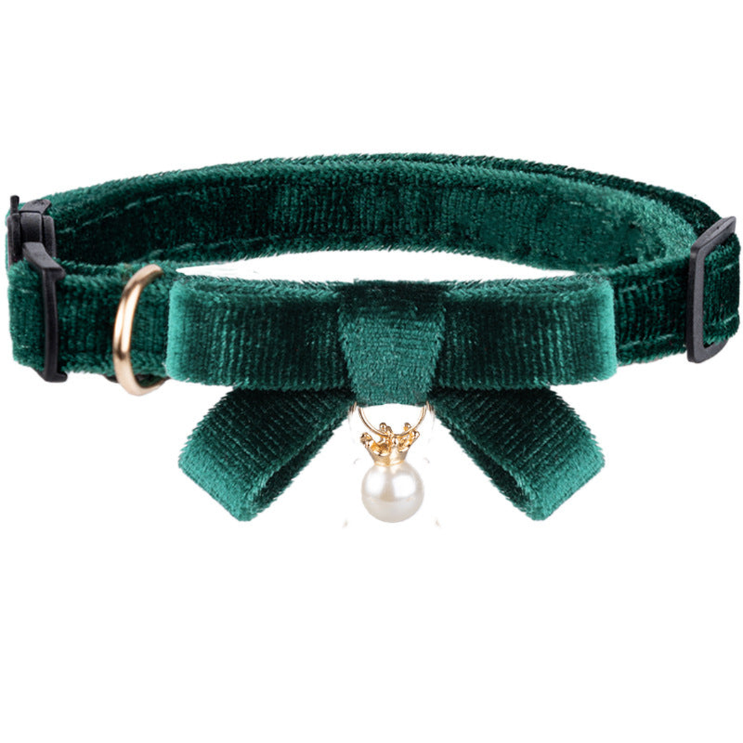 Green Ribbon cat collar with white bead charm on a white background