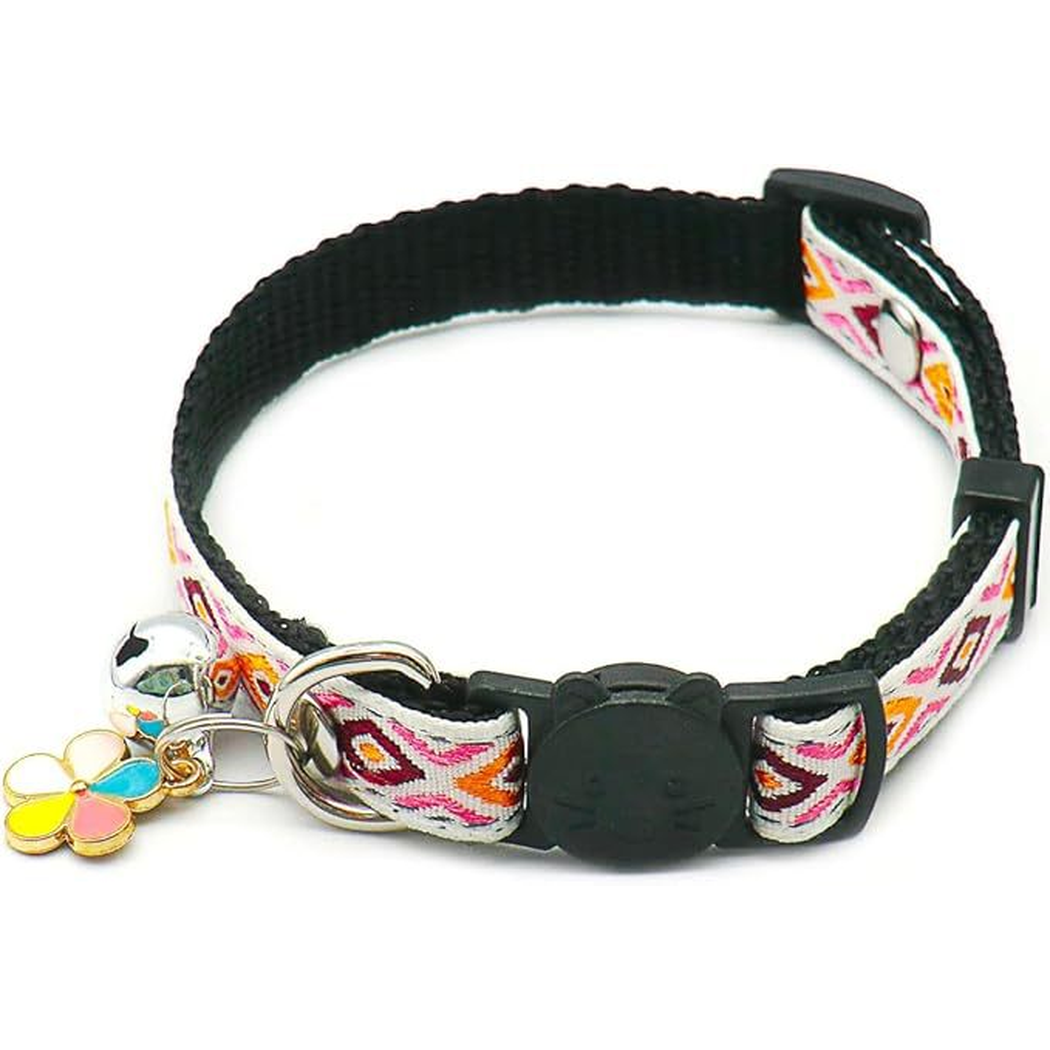 Pink patterned cat collar with bell and flower charm