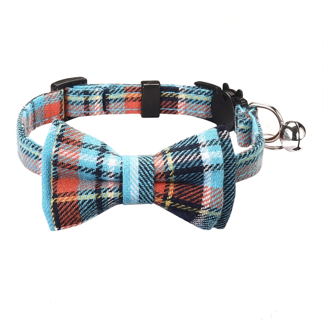 Turquoise plaid cat collar with bow tie, bell, and cat-face buckle