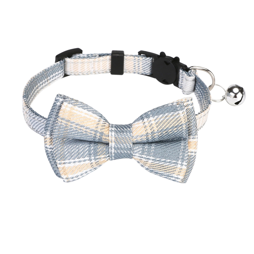 Gray Blue plaid cat collar with bow and silver-tone bell, front view