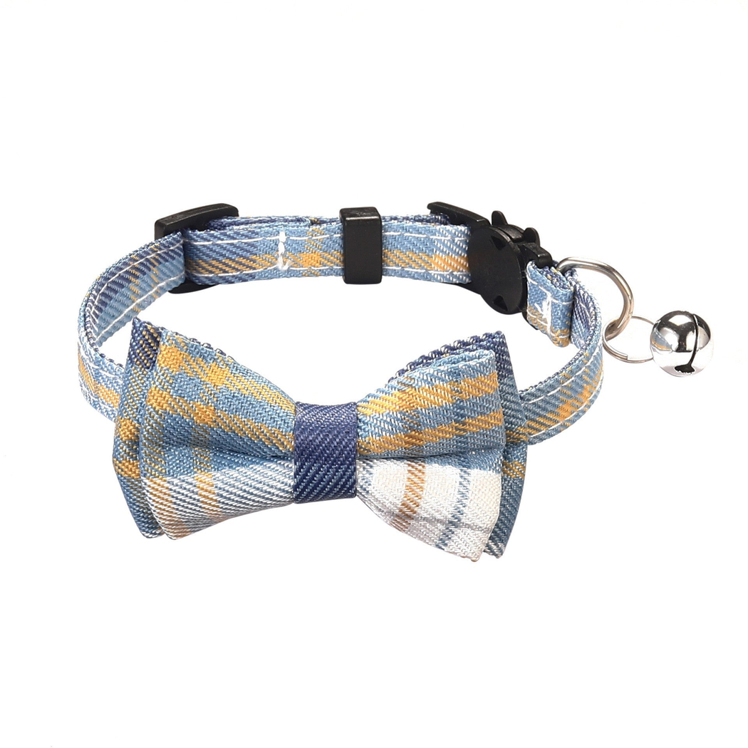 Light Blue plaid cat collar with bow and silver-tone bell, front view