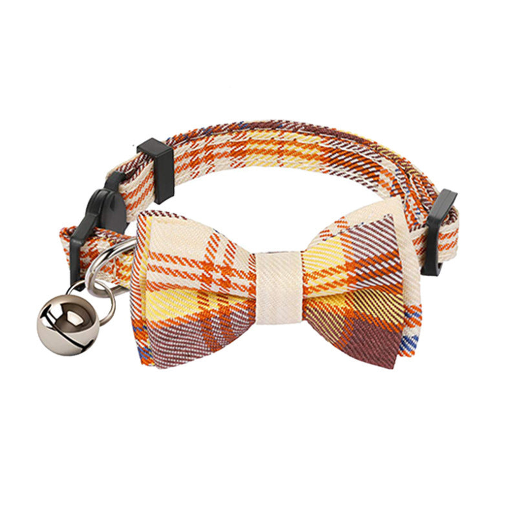 Multicolor plaid cat collar with bow and silver-tone bell, front view