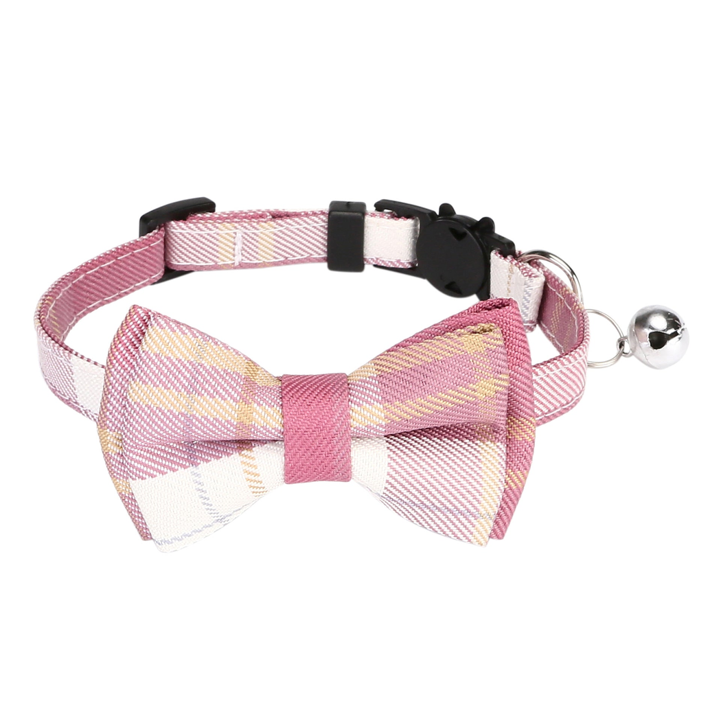 Dusty Pink plaid cat collar with bow and silver-tone bell, front view