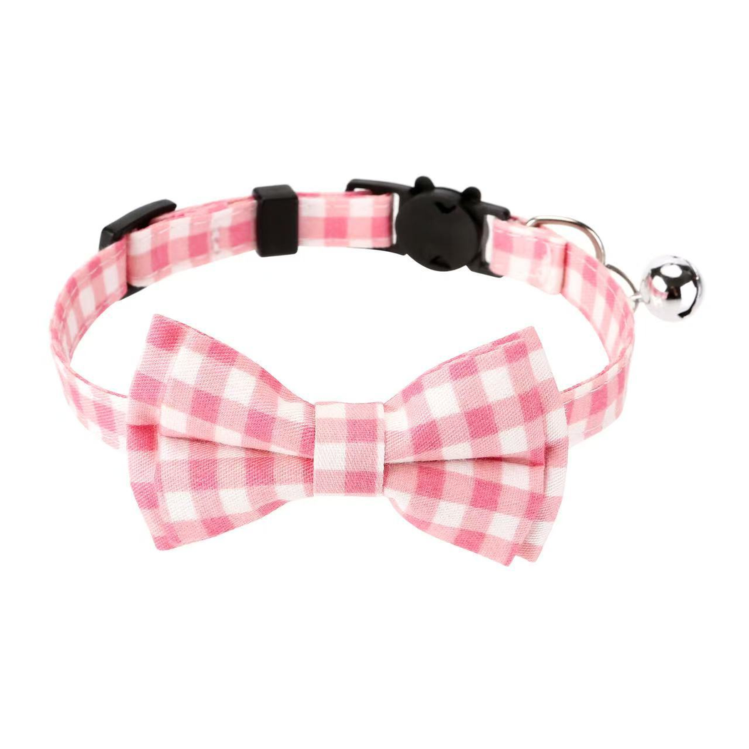 Pink Gingham cat collar with bow, cat-face buckle, metal ring, and bell