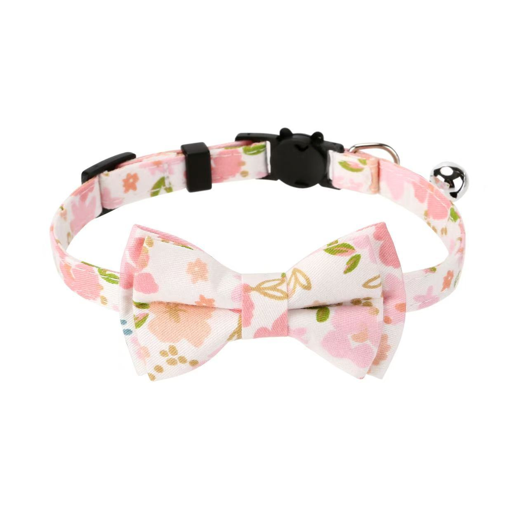 Pink Floral cat collar with bow, cat-face buckle, metal ring, and bell
