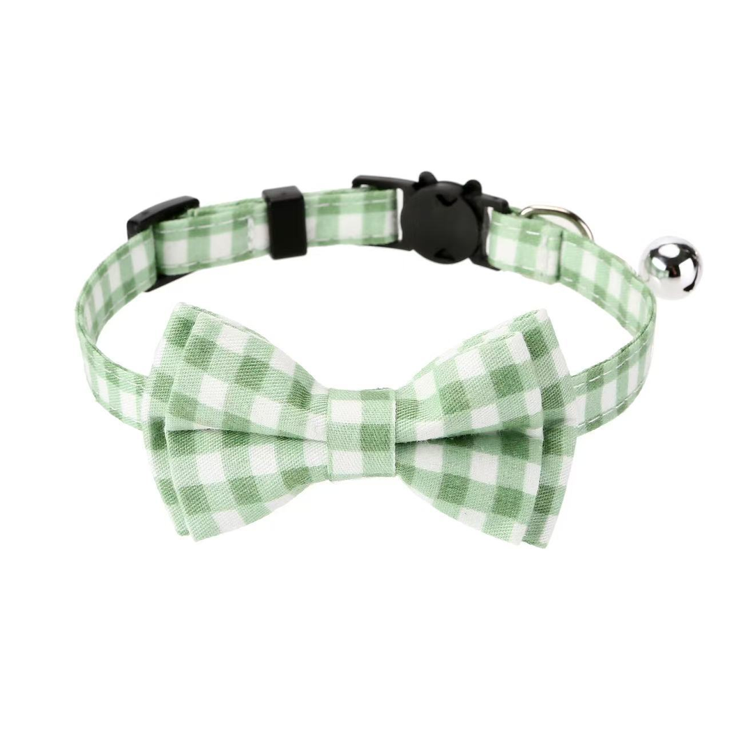 Mint Gingham cat collar with bow, cat-face buckle, metal ring, and bell