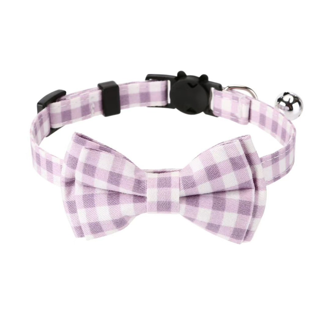 Purple Gingham cat collar with bow, cat-face buckle, metal ring, and bell