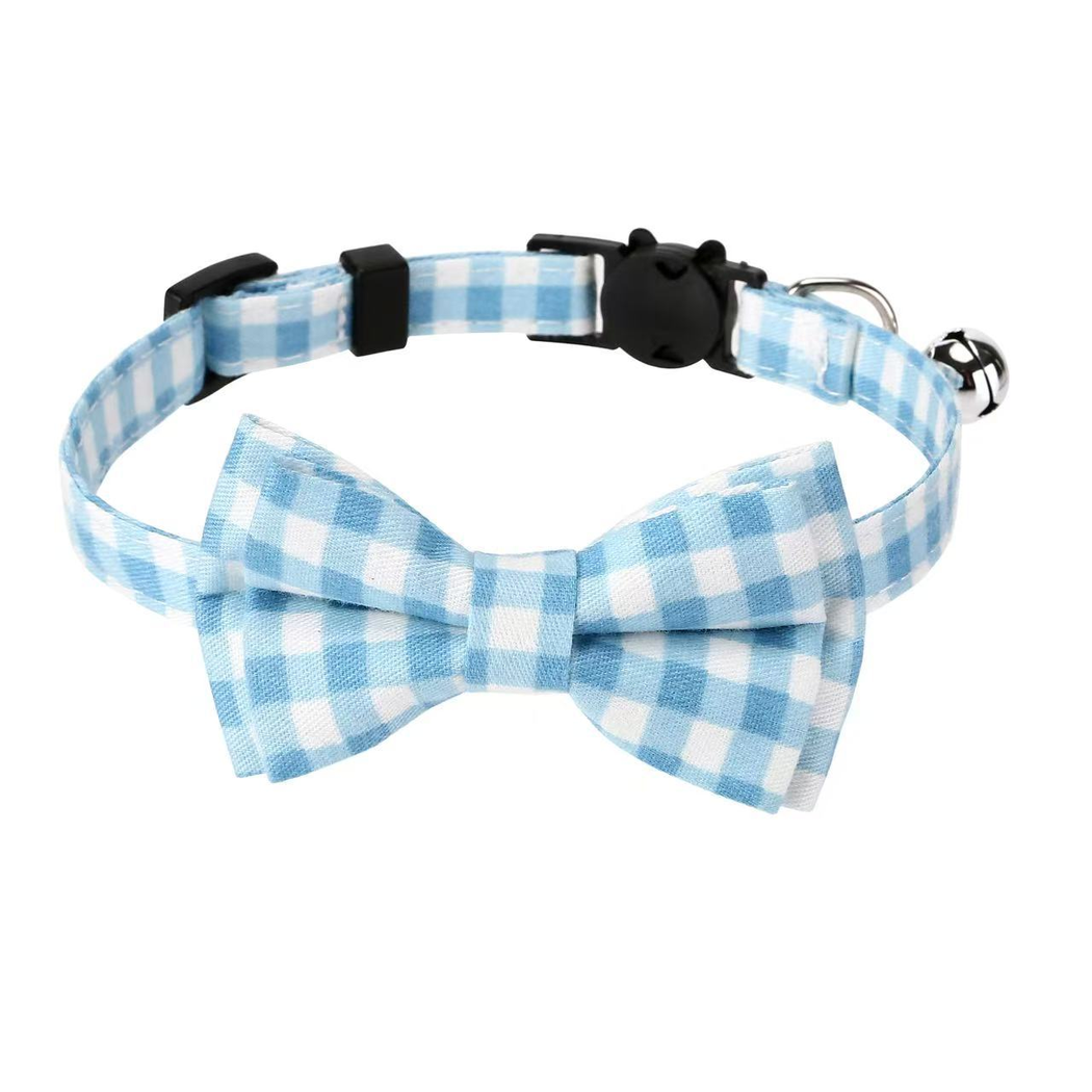 Blue Gingham cat collar with bow, cat-face buckle, metal ring, and bell