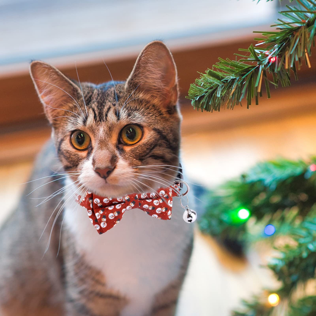 Cat wearing a red snowman-pattern bow collar beside holiday decorations
