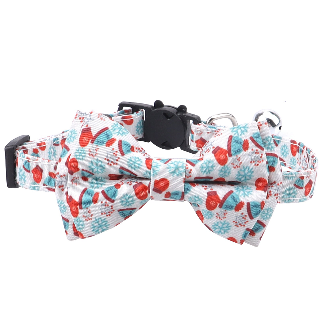 White Mittens cat collar with bow, winter hats and snowflakes, front view
