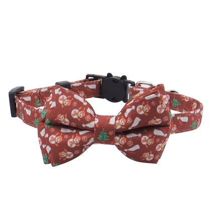 Brown Stockings cat collar with bow and festive figures, front view