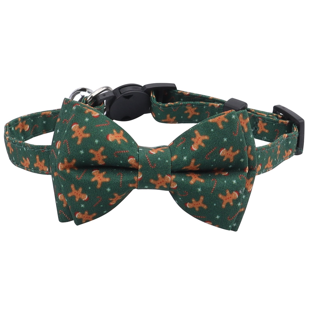 Dark green Gingerbread cat collar with bow and candy cane pattern, front view