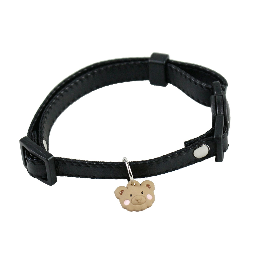 Black cat collar with stitched edging and bear-face charm
