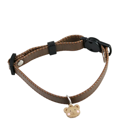 Brown cat collar with black buckle and bear-face charm