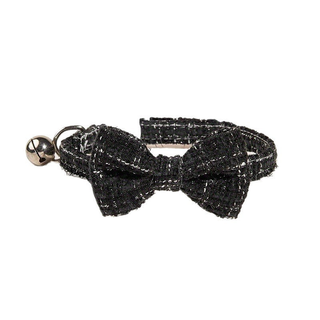 Black plaid bow cat collar with silver-tone bell, front view