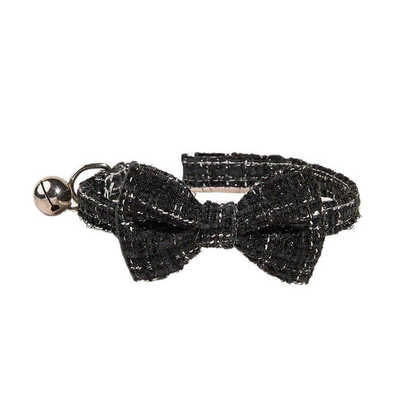 Black plaid bow cat collar with bell, front view