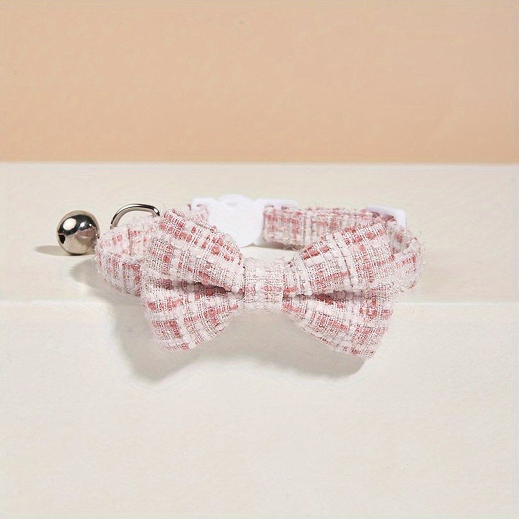 Light Pink plaid bow cat collar with bell, front view
