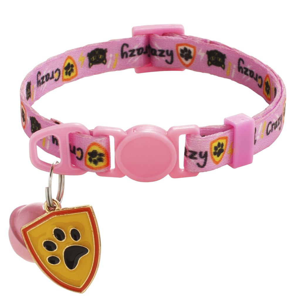 Pink cat collar with bell and paw-print shield charm