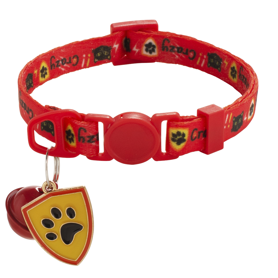 Red cat collar with bell and paw-print shield charm
