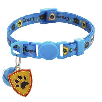 Sky Blue cat collar with bell and paw-print shield charm