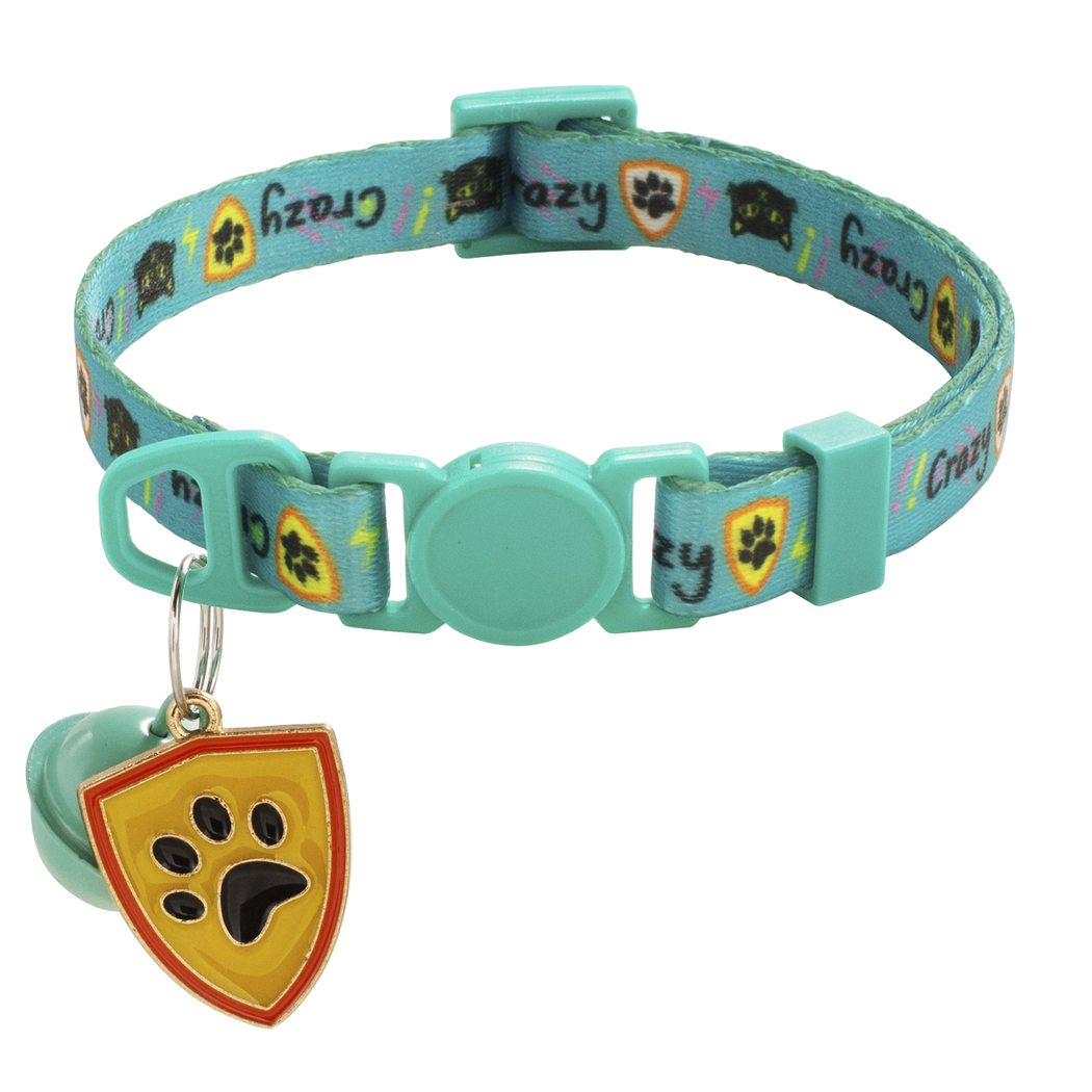 Mint cat collar with bell and paw-print shield charm