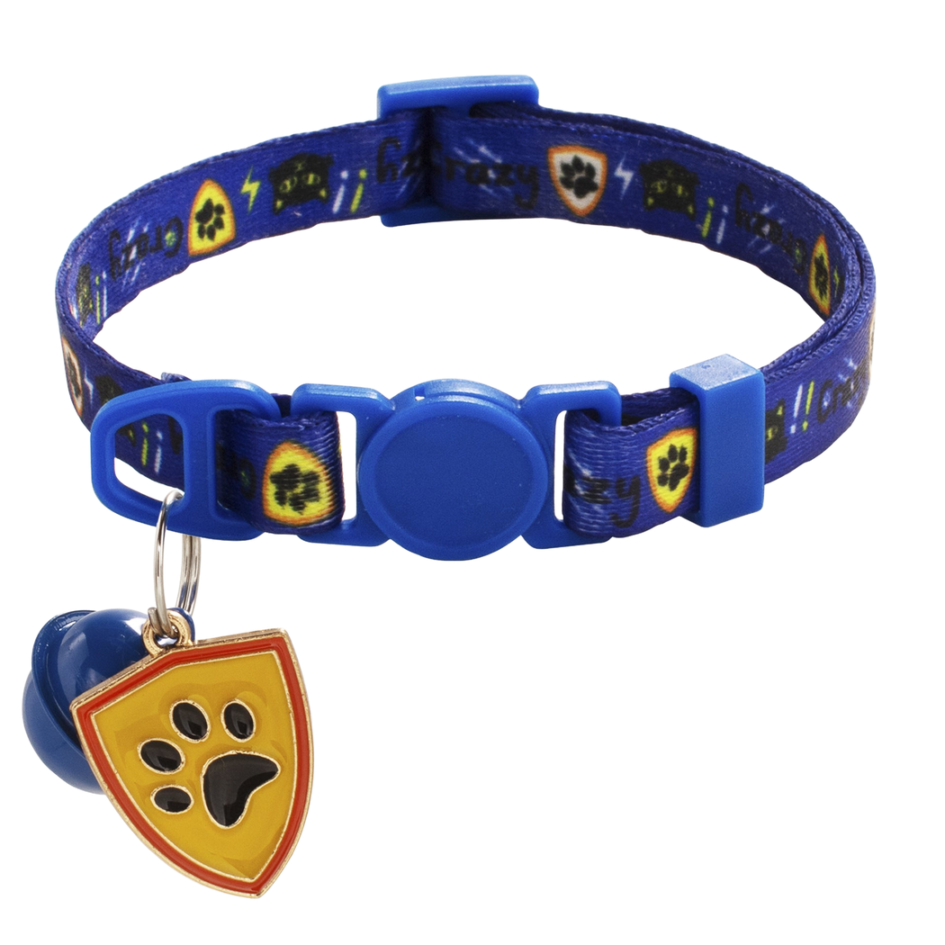 Blue cat collar with bell and paw-print shield charm