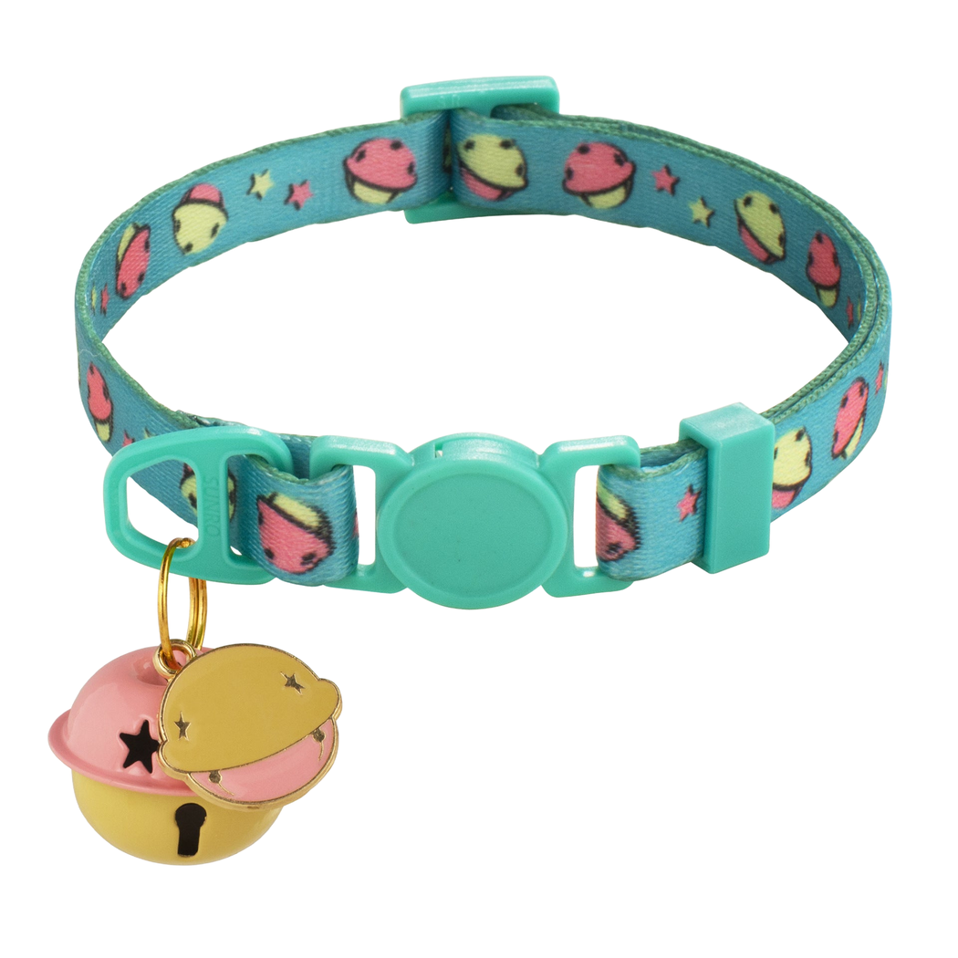 Mint planet-print cat collar with bell and planet charm