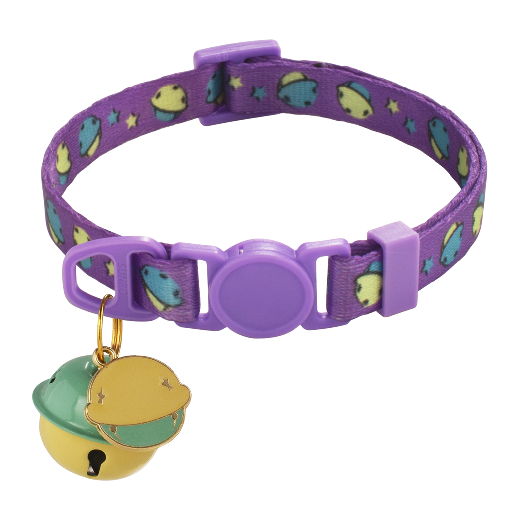 Light Purple planet-print cat collar with bell and planet charm