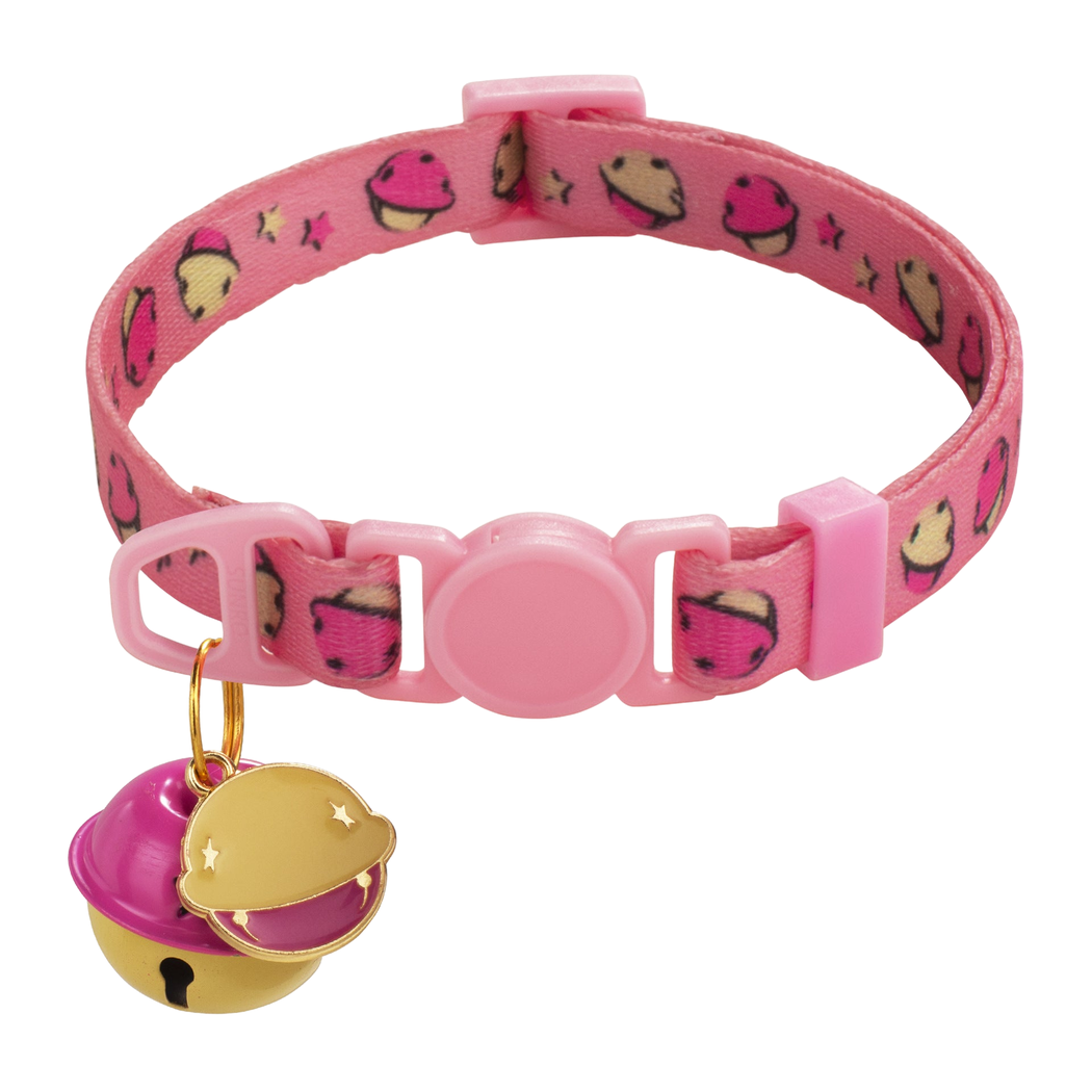 Pink planet-print cat collar with bell and planet charm