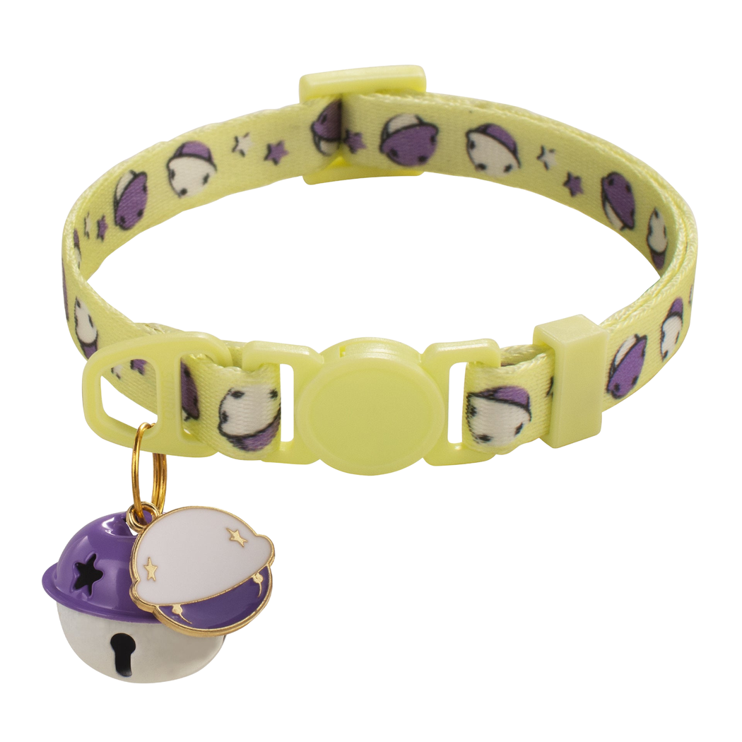 Yellow planet-print cat collar with bell and planet charm