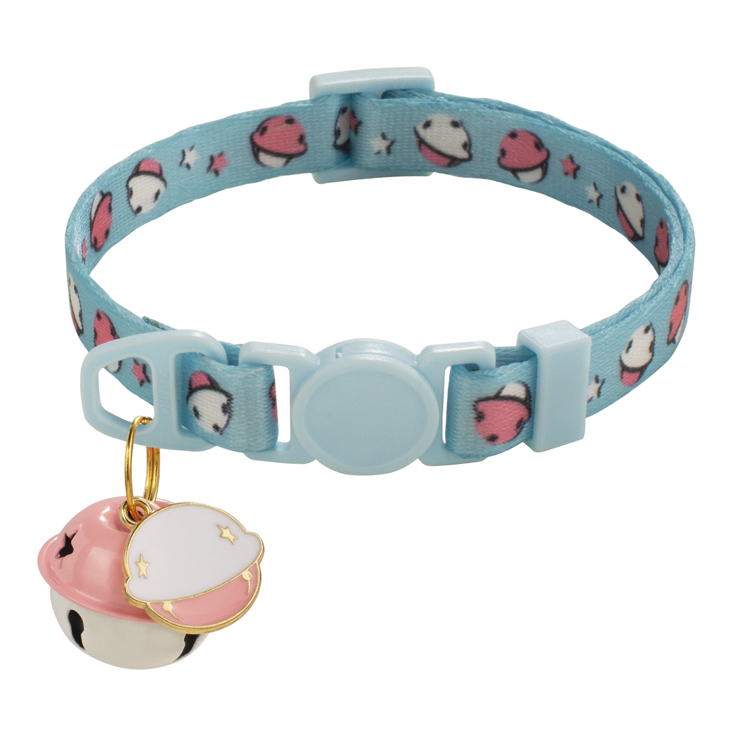 Light Blue planet-print cat collar with bell and planet charm