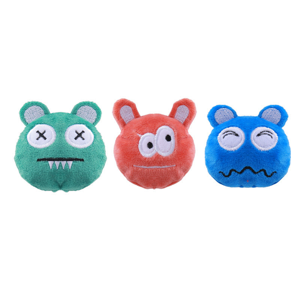 Orange Red, Green and Blue monster-face cat toys on a white background