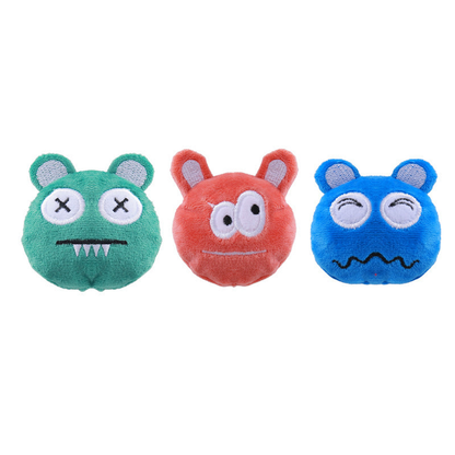 Orange Red, Green and Blue monster-face cat toys on a white background