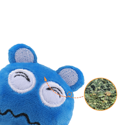 Close-up of the Blue monster-face cat toy with an inset of leafy filling