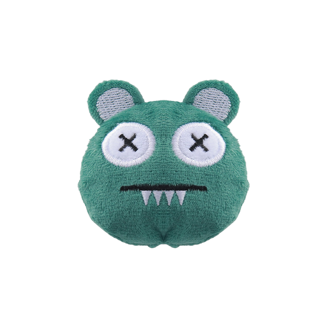 Green monster-face cat toy with embroidered teeth, front view
