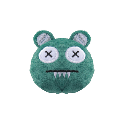 Green monster-face cat toy with embroidered teeth, front view
