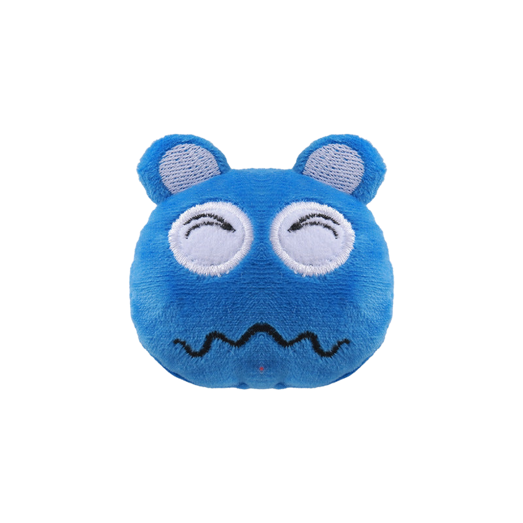 Blue monster-face cat toy with embroidered closed eyes, front view