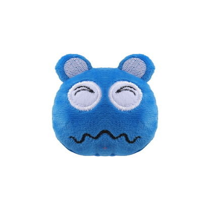Blue monster-face cat toy with embroidered closed eyes, front view