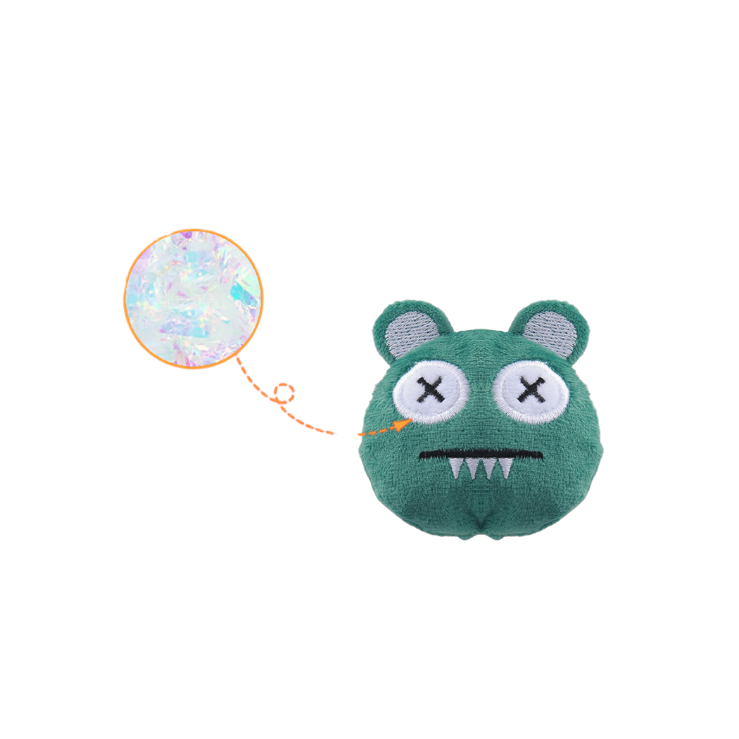 Close-up of the Green monster-face cat toy with an inset of iridescent crinkle filling