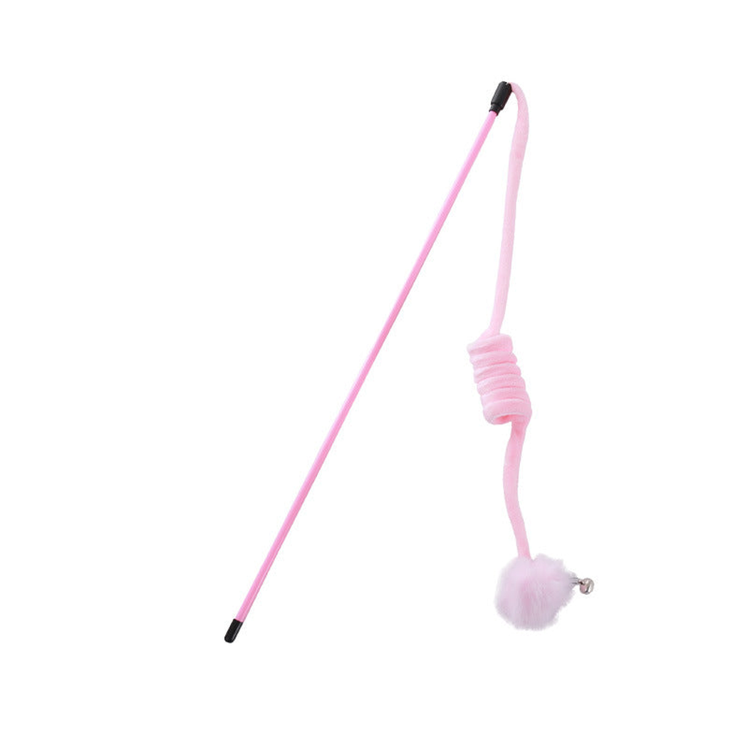Pink wand cat toy with dangling fuzzy pom-pom and bell