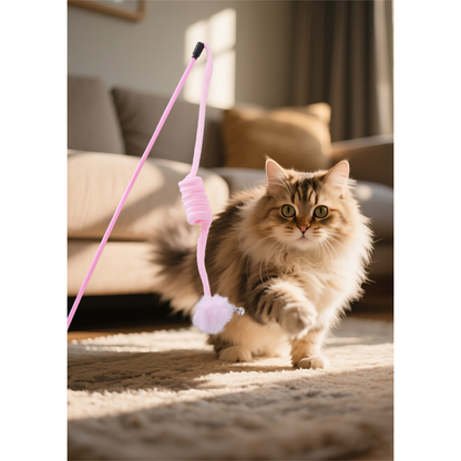 Cat reaching toward a pink wand toy in a living room